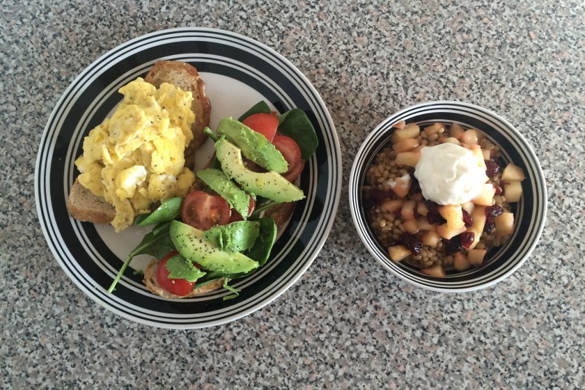 On the right: wheat berries with stewed apples, cranberries and a dollop of plain yogurt. 